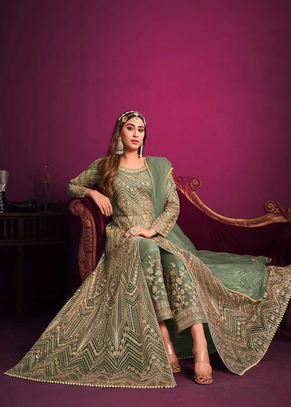 Buy Now Net Elegant Green Floor Length Sangeet Wear Anarkali Suit Online in USA, UK, Australia, New Zealand, Canada, Italy & Worldwide at Empress Clothing. 