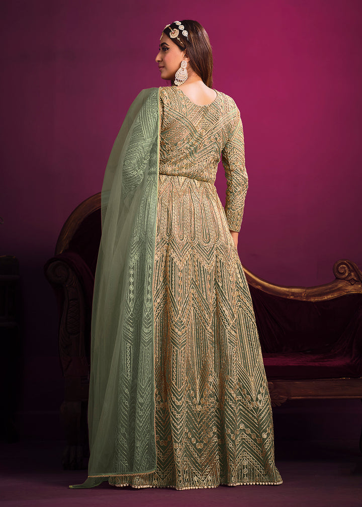 Buy Now Net Elegant Green Floor Length Sangeet Wear Anarkali Suit Online in USA, UK, Australia, New Zealand, Canada, Italy & Worldwide at Empress Clothing. 