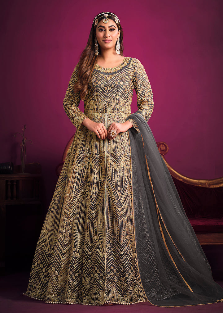 Buy Now Net Elegant Grey Floor Length Sangeet Wear Anarkali Suit Online in USA, UK, Australia, New Zealand, Canada, Italy & Worldwide at Empress Clothing. 