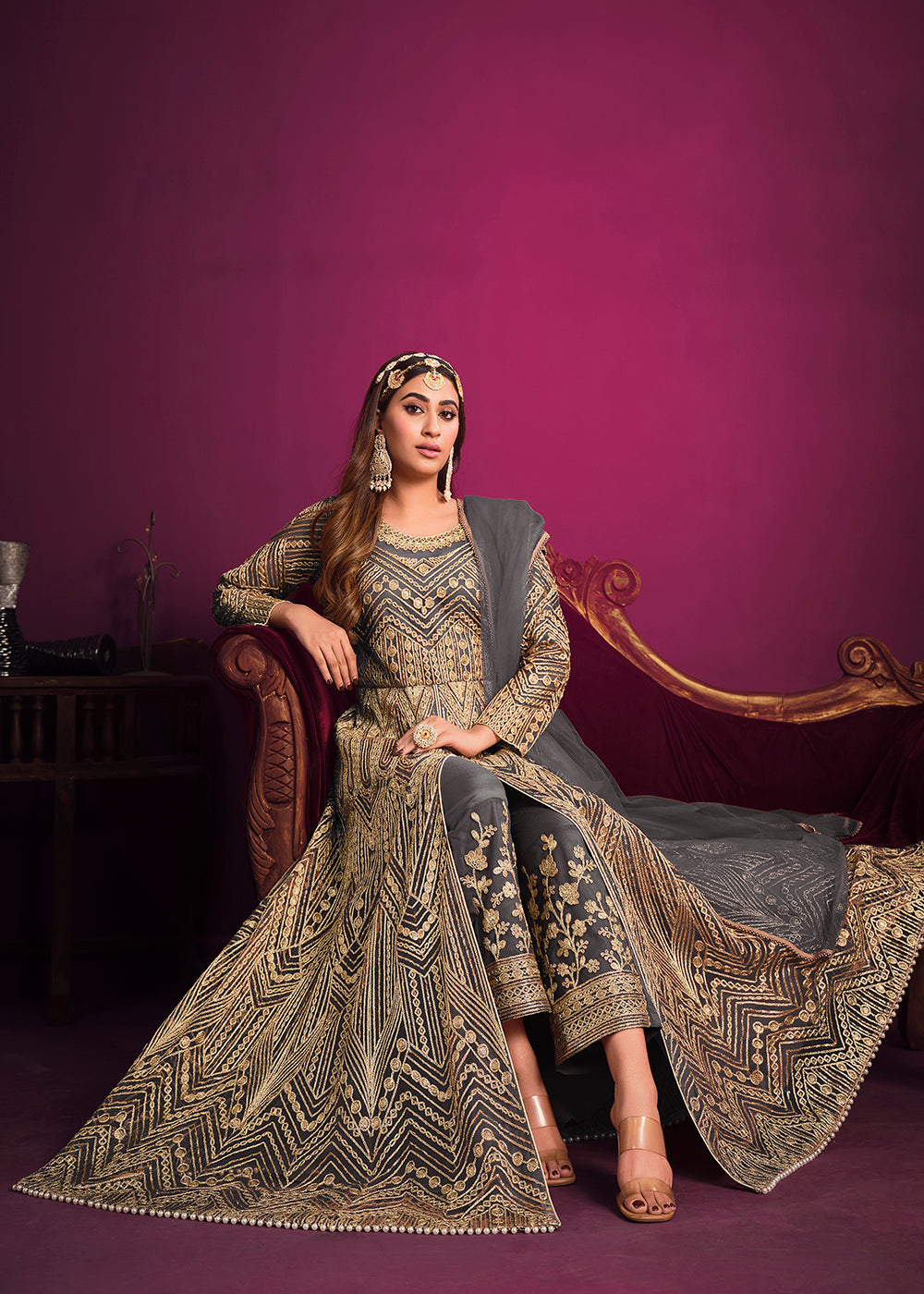 Buy Now Net Elegant Grey Floor Length Sangeet Wear Anarkali Suit Online in USA, UK, Australia, New Zealand, Canada, Italy & Worldwide at Empress Clothing. 