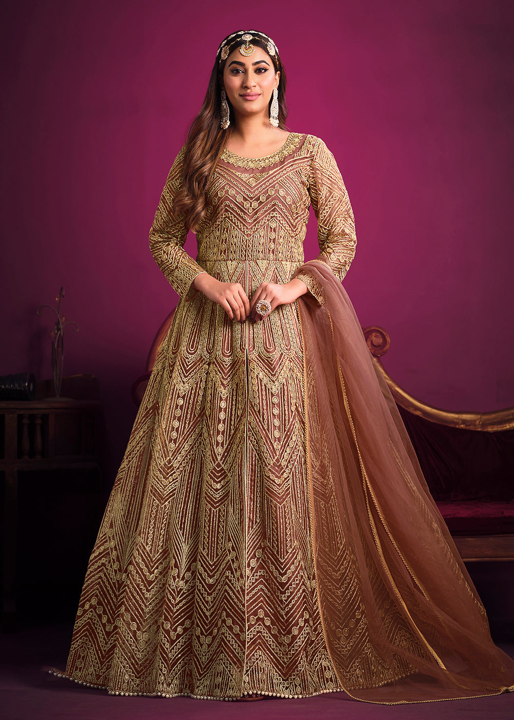 Buy Now Net Brownish Peach Floor Length Sangeet Wear Anarkali Suit Online in USA, UK, Australia, New Zealand, Canada, Italy & Worldwide at Empress Clothing. 