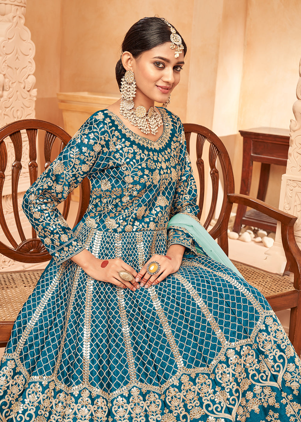 Buy Silk Anarkali Suit - Excellent Teal Blue & Gold Embroidered Anarkali Buy Silk Anarkali Suit - Excellent Teal Blue & Gold Embroidered Anarkali