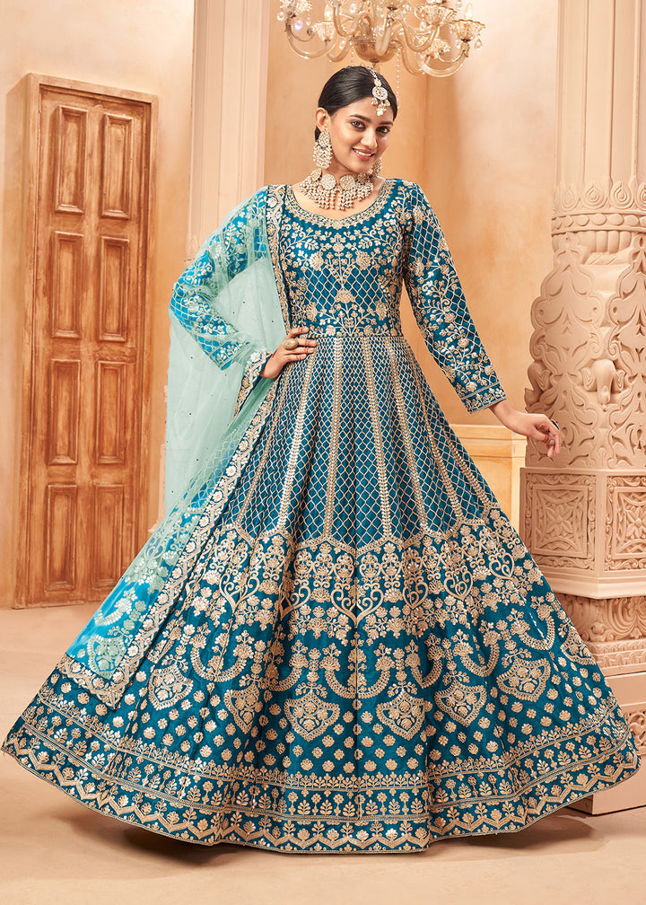 Buy Now Excellent Teal Blue & Gold Embroidered Silk Anarkali Suit Online in USA, UK, Australia, New Zealand, Canada & Worldwide at Empress Clothing.