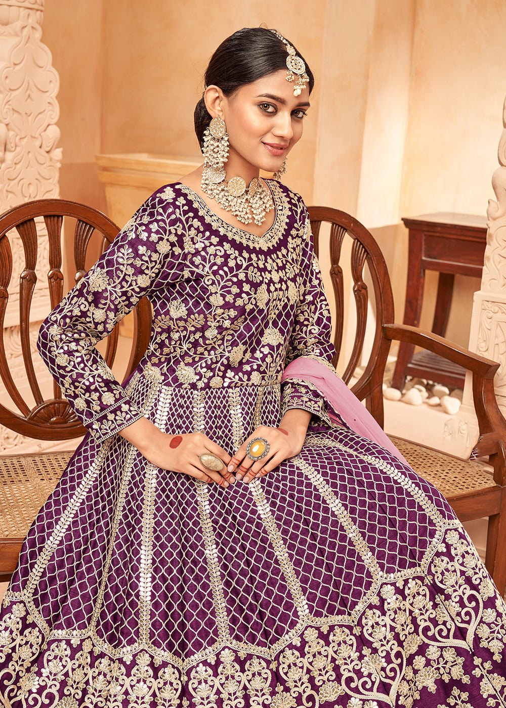 Buy Now Glam Purple & Gold Embroidered Silk Anarkali Suit Online in USA, UK, Australia, New Zealand, Canada & Worldwide at Empress Clothing. 