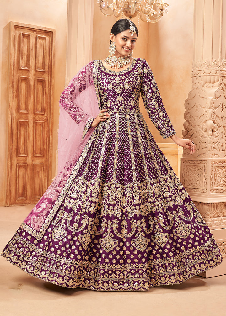 Buy Now Glam Purple & Gold Embroidered Silk Anarkali Suit Online in USA, UK, Australia, New Zealand, Canada & Worldwide at Empress Clothing. 