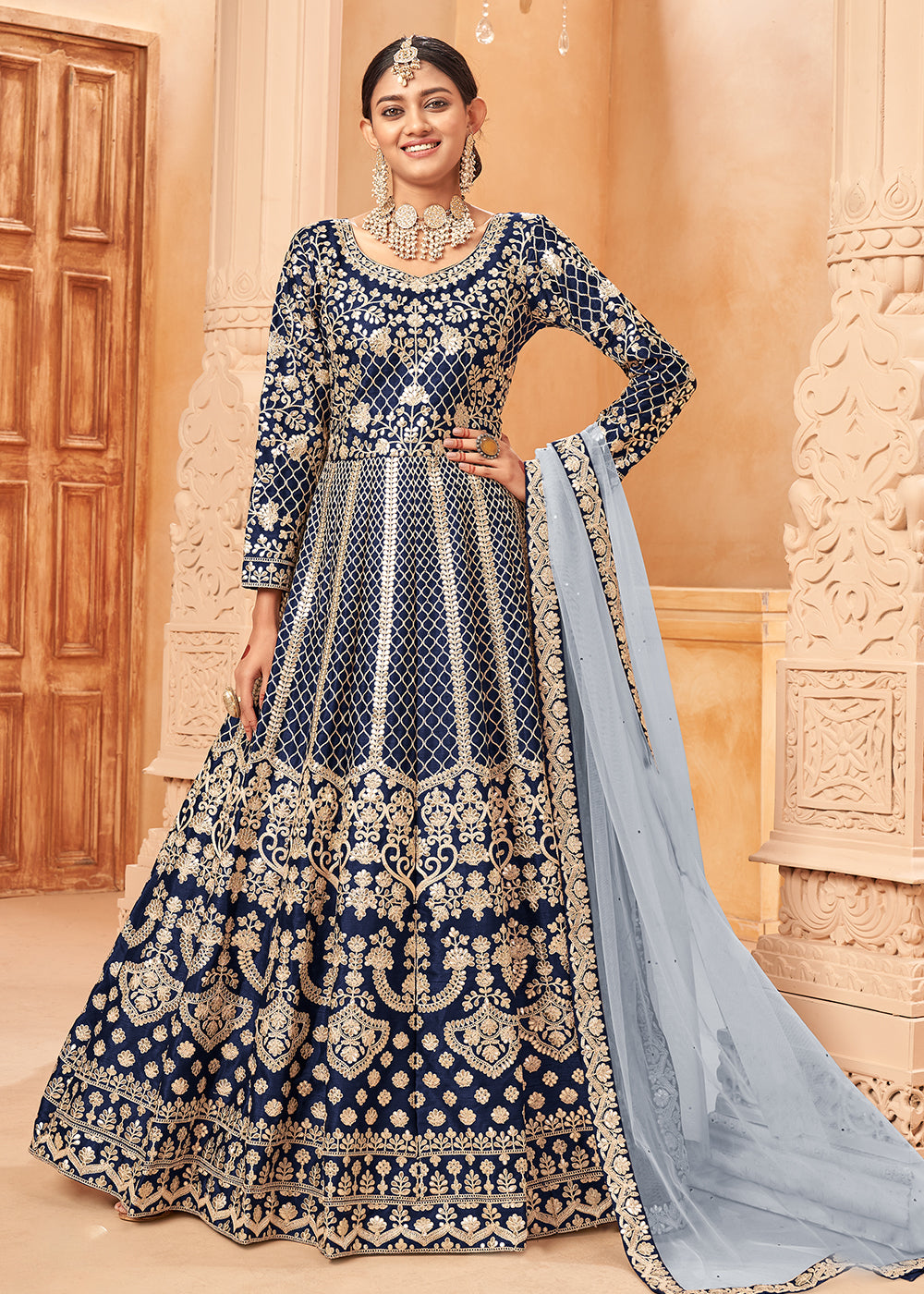 Buy Now Glittering Navy Blue & Gold Embroidered Silk Anarkali Suit Online in USA, UK, Australia, New Zealand, Canada & Worldwide at Empress Clothing. 