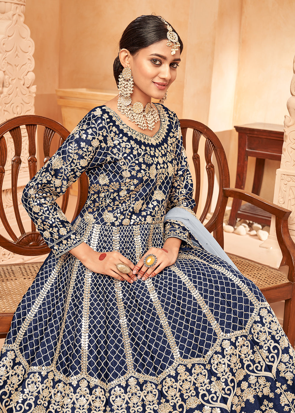 Buy Now Glittering Navy Blue & Gold Embroidered Silk Anarkali Suit Online in USA, UK, Australia, New Zealand, Canada & Worldwide at Empress Clothing. 
