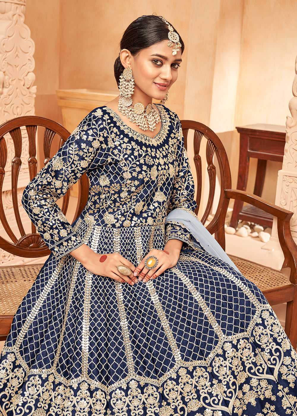 Buy Silk Anarkali Suit - Navy Blue & Gold Embroidered Anarkali Suit Buy Silk Anarkali Suit - Navy Blue & Gold Embroidered Anarkali Suit