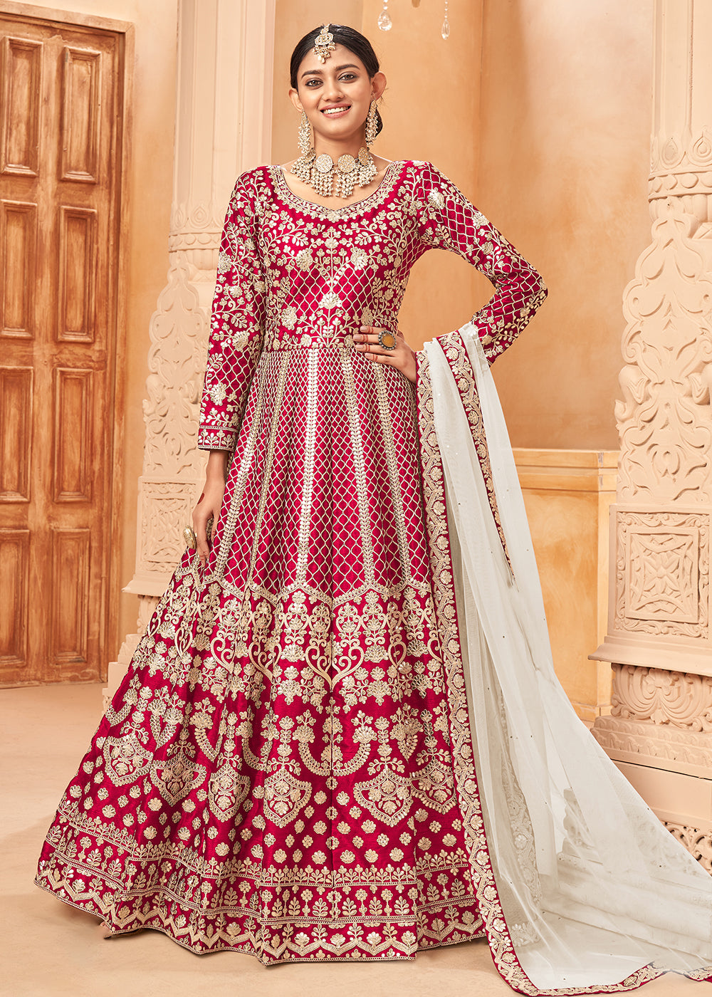 Buy Now Fascinating Hot Pink & Gold Embroidered Silk Anarkali Suit Online in USA, UK, Australia, New Zealand, Canada & Worldwide at Empress Clothing.