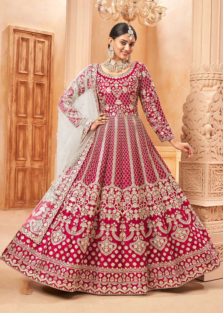 Buy Now Fascinating Hot Pink & Gold Embroidered Silk Anarkali Suit Online in USA, UK, Australia, New Zealand, Canada & Worldwide at Empress Clothing.