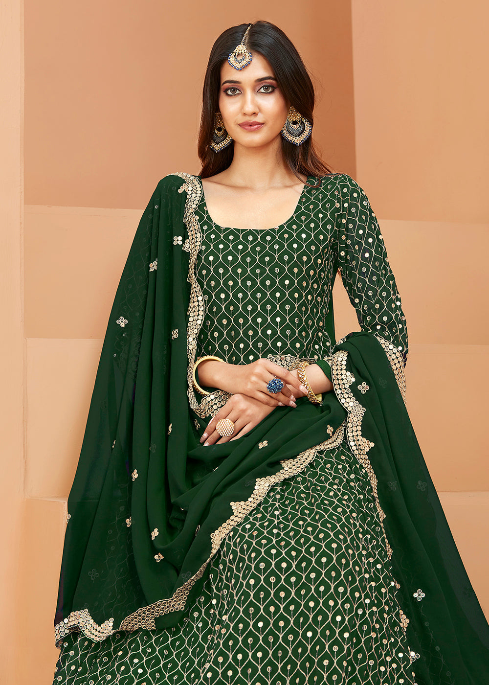 Buy Now Faux Georgette Radiant Dark Green Sequins Anarkali Suit Online in USA, UK, Australia, New Zealand, Canada, Italy & Worldwide at Empress Clothing. 