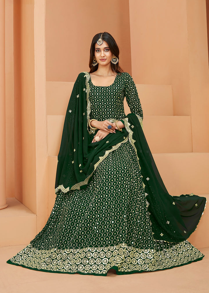 Buy Now Faux Georgette Radiant Dark Green Sequins Anarkali Suit Online in USA, UK, Australia, New Zealand, Canada, Italy & Worldwide at Empress Clothing. 
