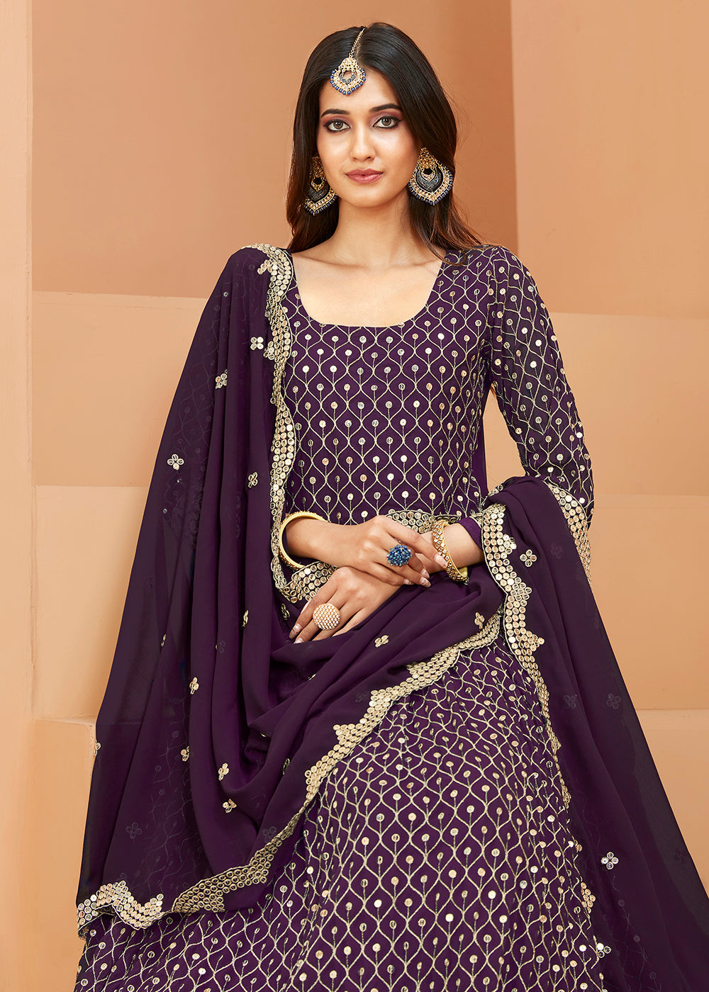 Buy Now Faux Georgette Excellent Purple Sequins Anarkali Suit Online in USA, UK, Australia, New Zealand, Canada, Italy & Worldwide at Empress Clothing. 