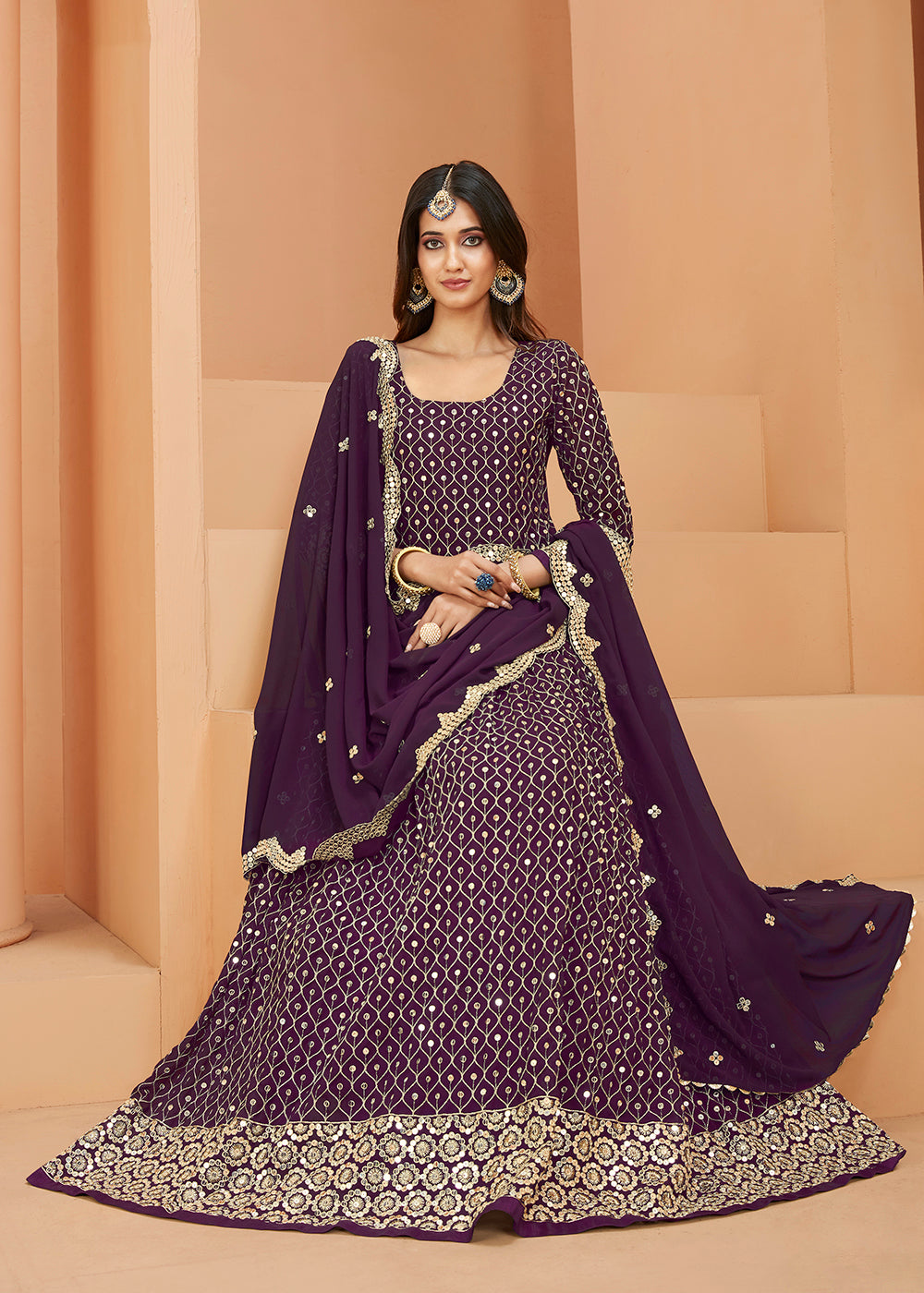 Buy Now Faux Georgette Excellent Purple Sequins Anarkali Suit Online in USA, UK, Australia, New Zealand, Canada, Italy & Worldwide at Empress Clothing. 