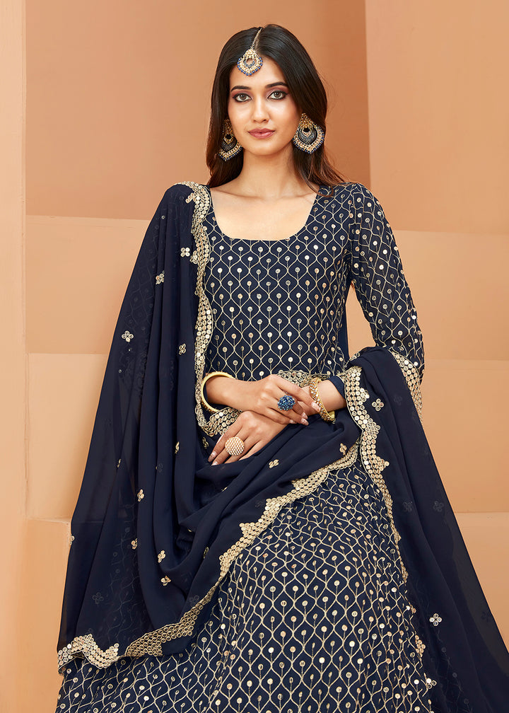 Buy Now Faux Georgette Dazzling Navy Blue Sequins Anarkali Suit Online in USA, UK, Australia, New Zealand, Canada, Italy & Worldwide at Empress Clothing.