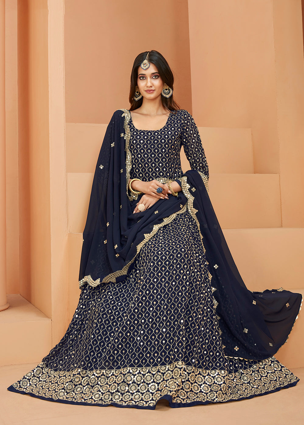 Buy Now Faux Georgette Dazzling Navy Blue Sequins Anarkali Suit Online in USA, UK, Australia, New Zealand, Canada, Italy & Worldwide at Empress Clothing.