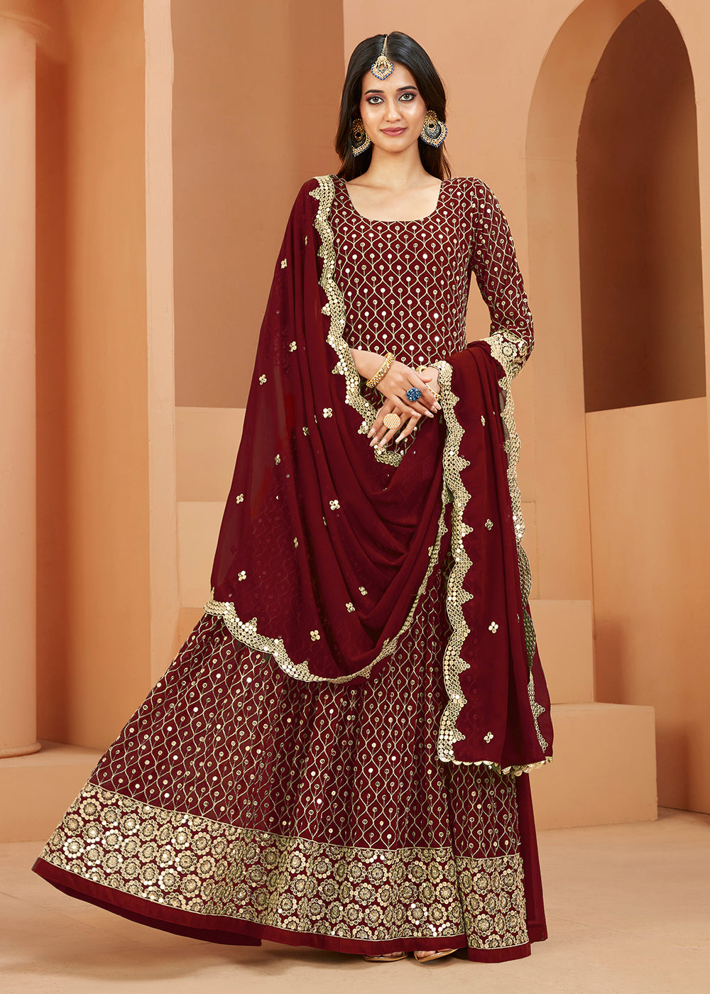 Buy Now Faux Georgette Winsome Maroon Sequins Anarkali Suit Online in USA, UK, Australia, New Zealand, Canada, Italy & Worldwide at Empress Clothing. 