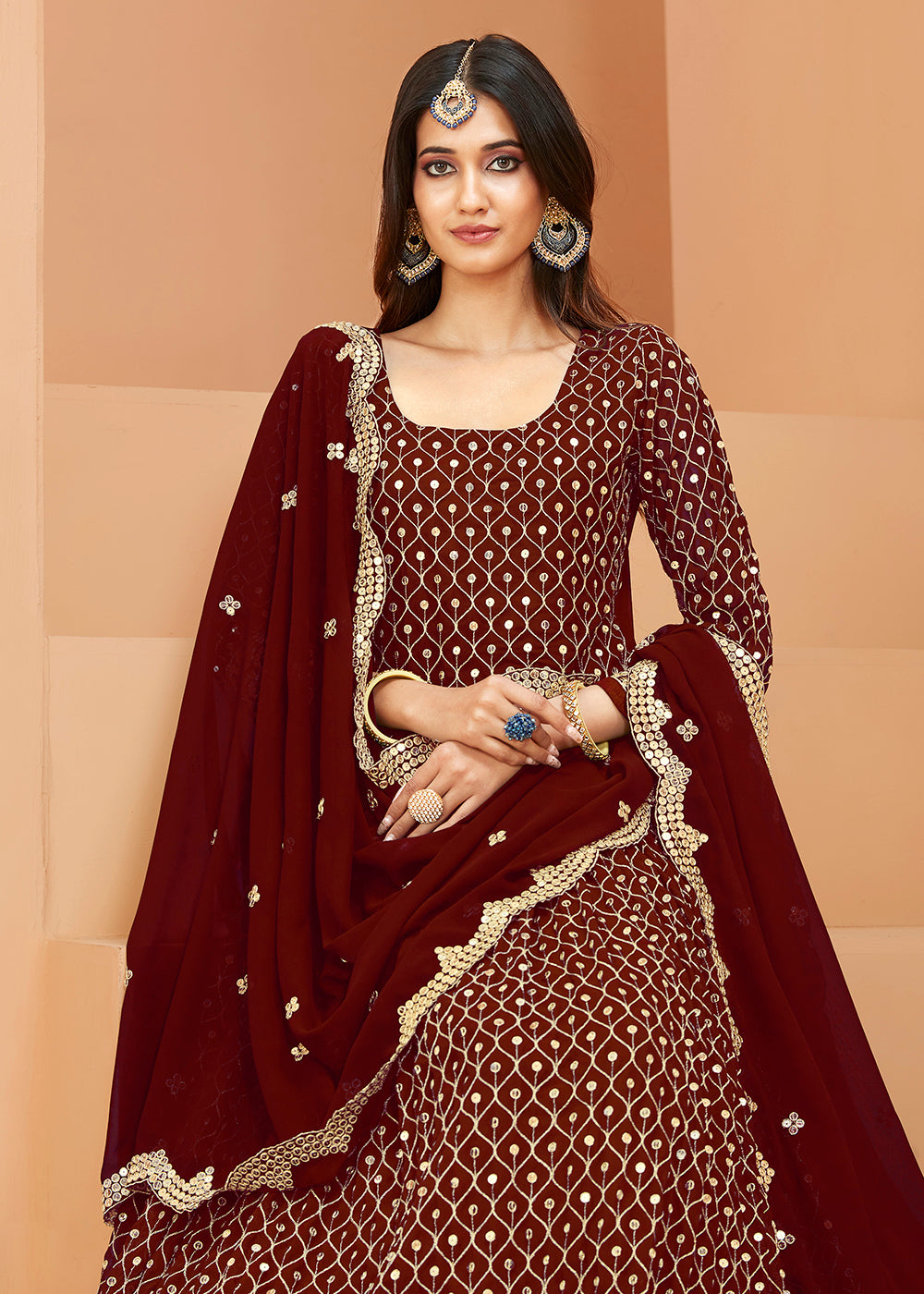 Buy Now Faux Georgette Winsome Maroon Sequins Anarkali Suit Online in USA, UK, Australia, New Zealand, Canada, Italy & Worldwide at Empress Clothing. 