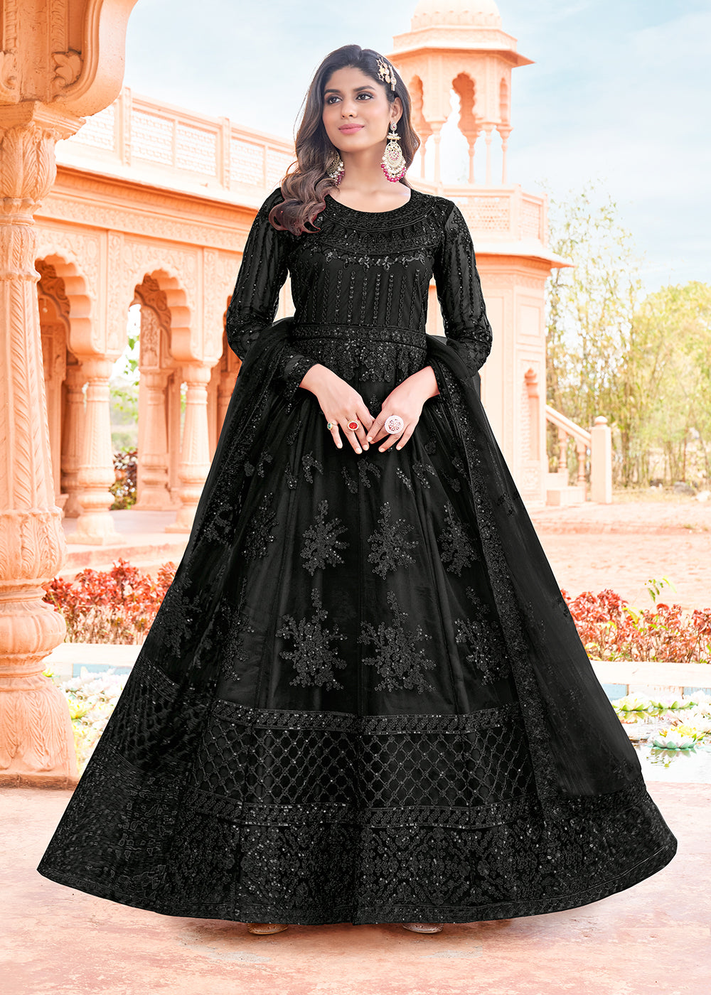 Buy Now Long Length Strange Black Embroidered Net Anarkali Suit Online in USA, UK, Australia, New Zealand, Canada, Italy & Worldwide at Empress Clothing. 