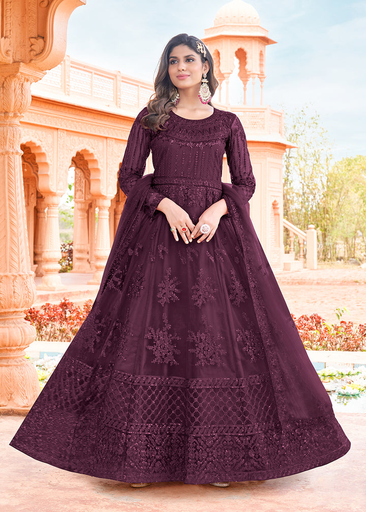 Buy Now Long Length Plum Burgundy Embroidered Net Anarkali Suit Online in USA, UK, Australia, New Zealand, Canada, Italy & Worldwide at Empress Clothing.