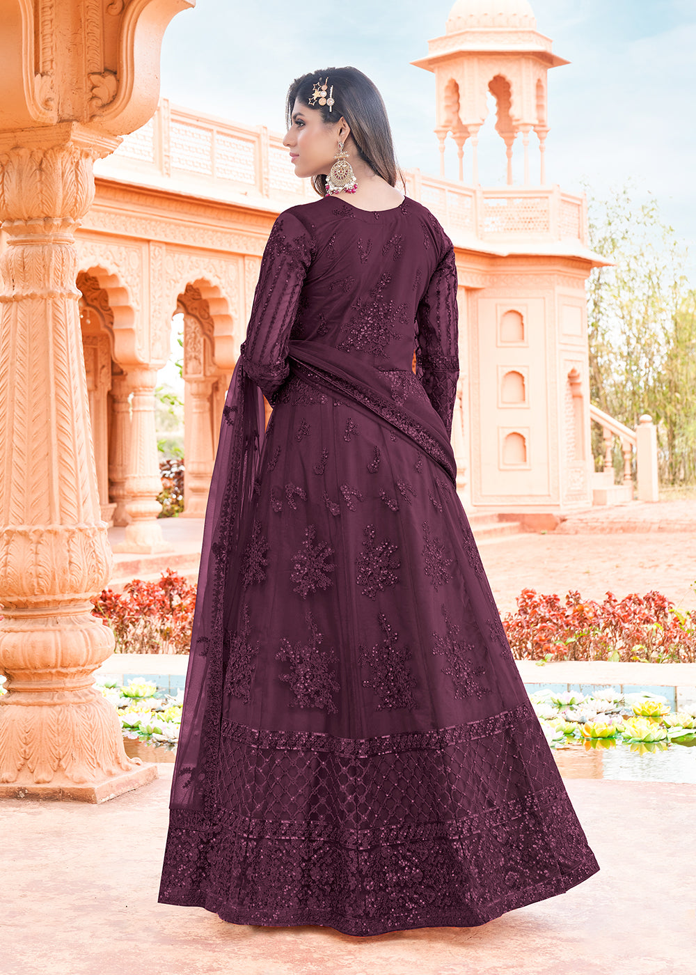 Buy Now Long Length Plum Burgundy Embroidered Net Anarkali Suit Online in USA, UK, Australia, New Zealand, Canada, Italy & Worldwide at Empress Clothing.