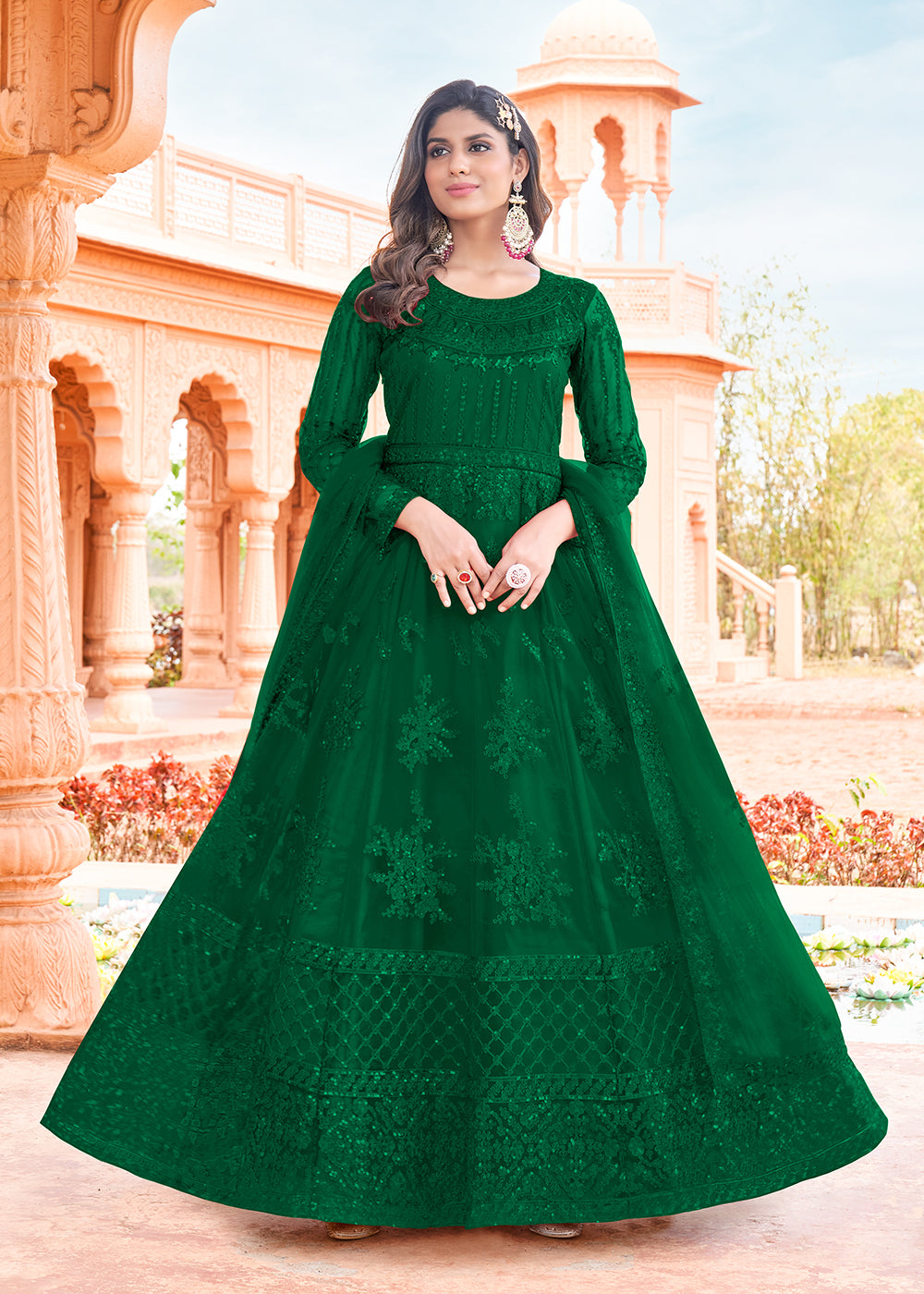 Buy Now Long Length Dark Green Embroidered Net Anarkali Suit Online in USA, UK, Australia, New Zealand, Canada, Italy & Worldwide at Empress Clothing.