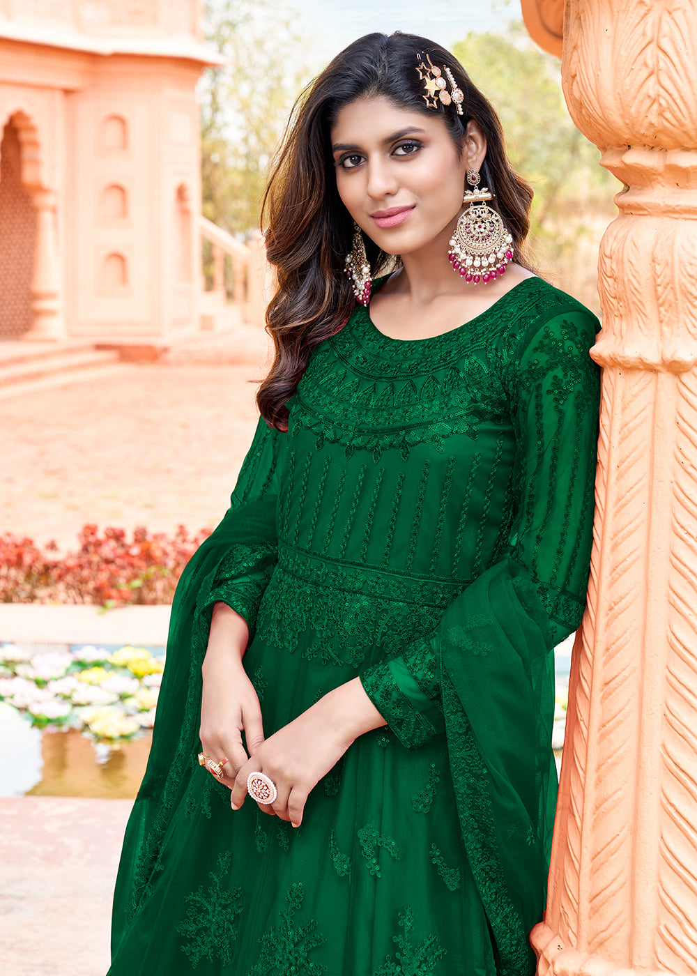 Buy Now Long Length Dark Green Embroidered Net Anarkali Suit Online in USA, UK, Australia, New Zealand, Canada, Italy & Worldwide at Empress Clothing.