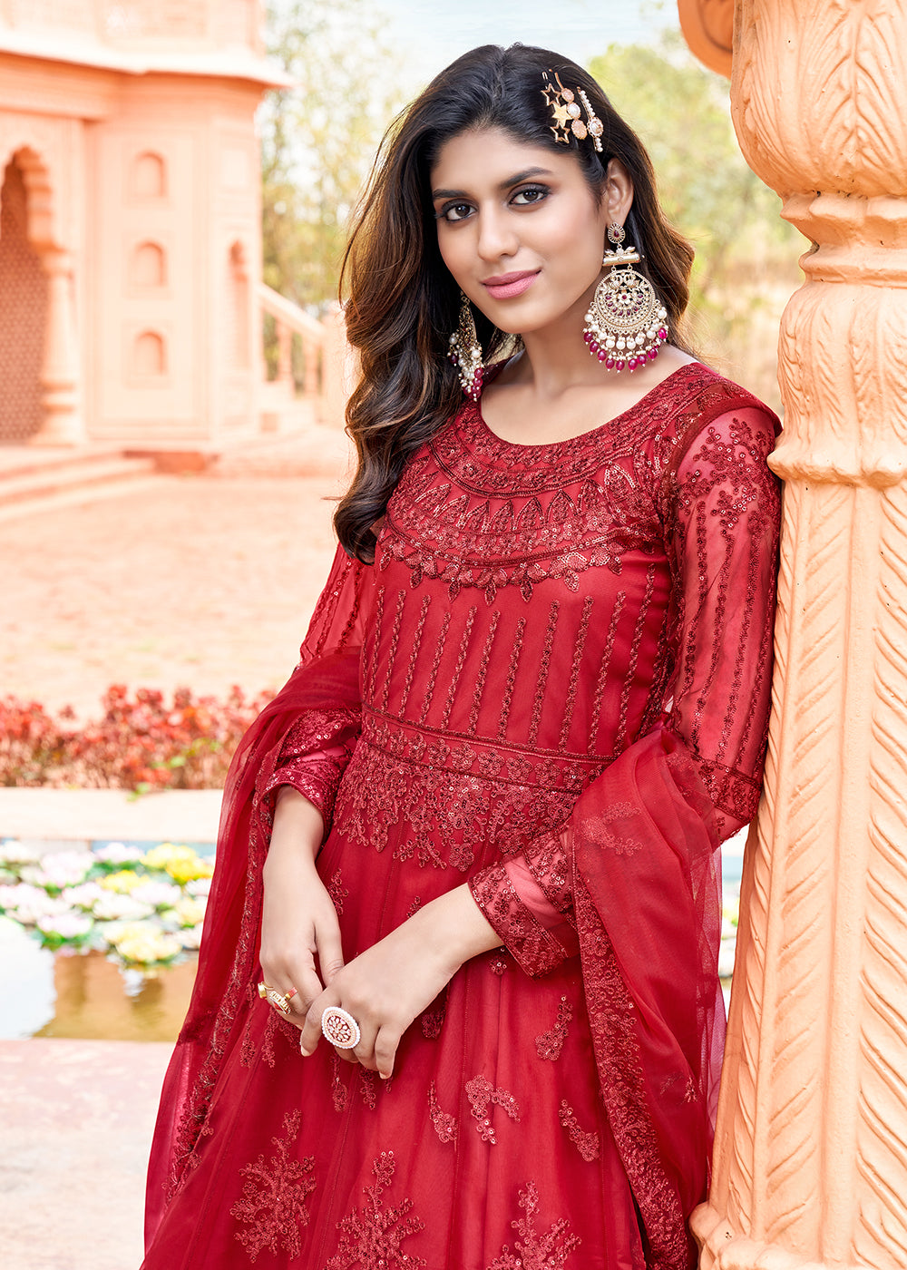 Buy Now Long Length Pretty Red Embroidered Net Anarkali Suit Online in USA, UK, Australia, New Zealand, Canada, Italy & Worldwide at Empress Clothing. 