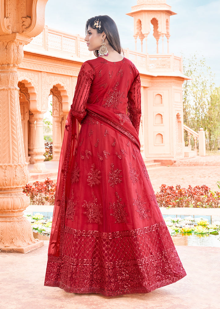 Buy Now Long Length Pretty Red Embroidered Net Anarkali Suit Online in USA, UK, Australia, New Zealand, Canada, Italy & Worldwide at Empress Clothing. 