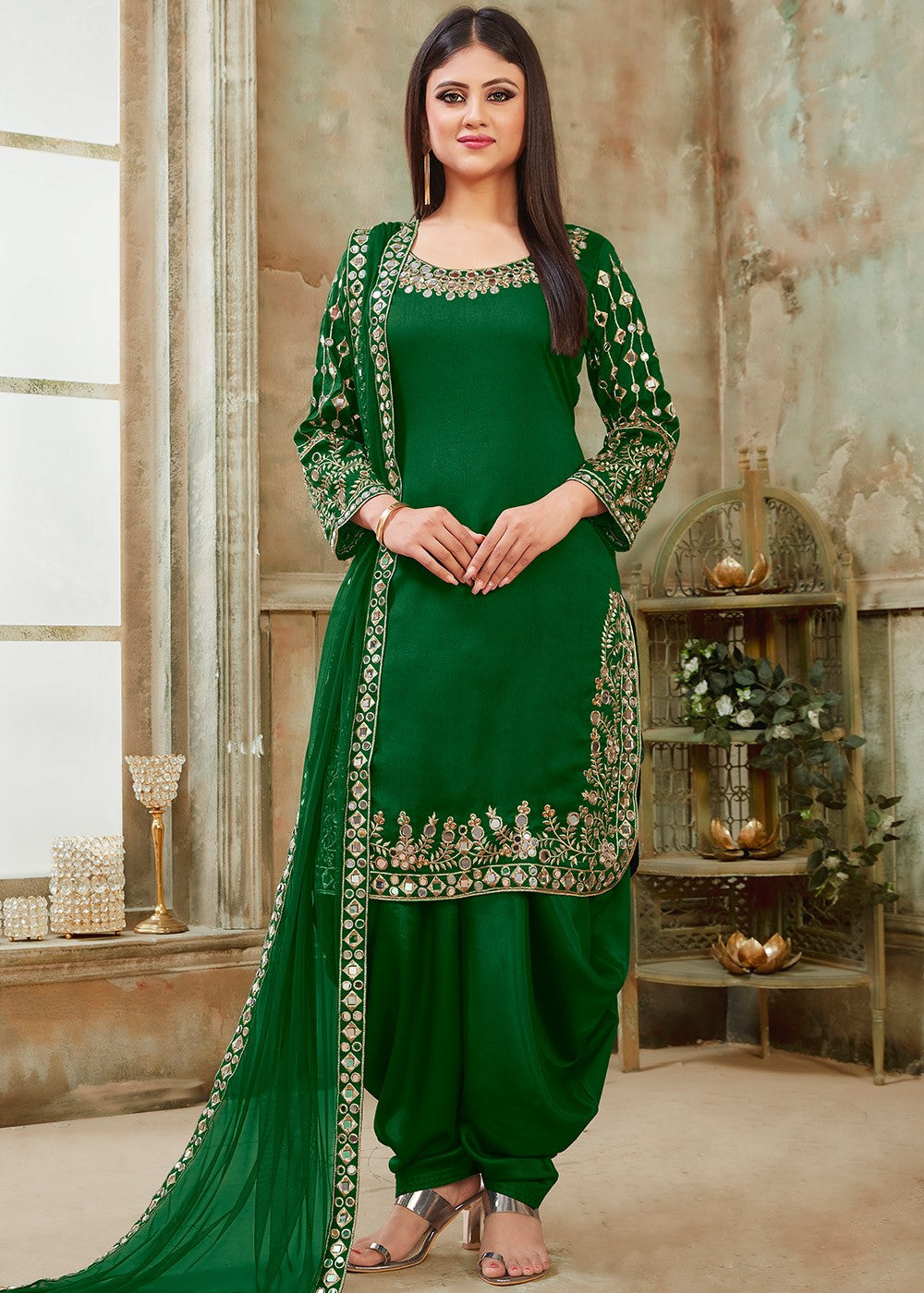 Buy Green Art Silk Suit - Mirror Work Patiala Suit