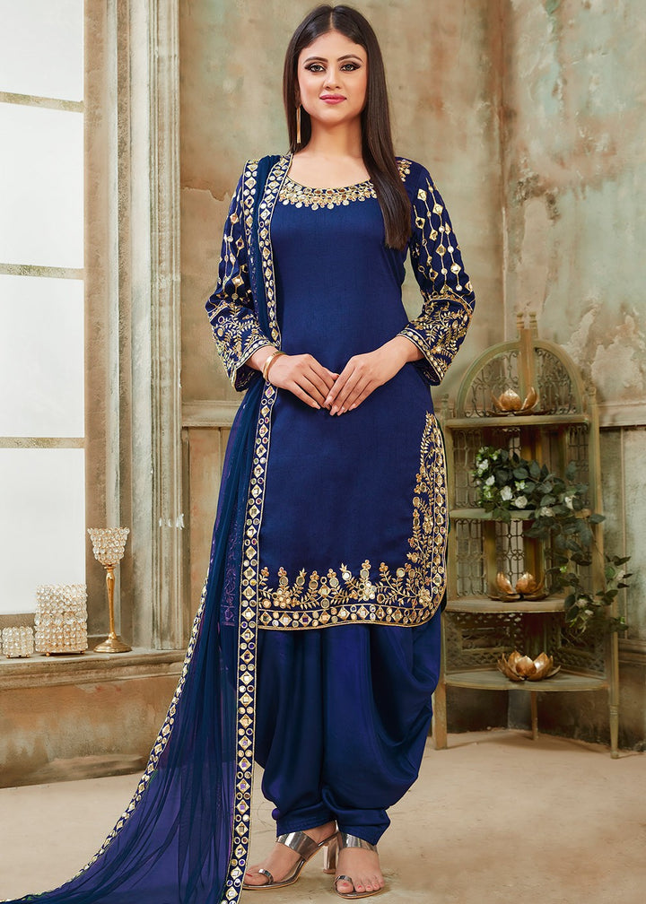 Buy Blue Art Silk Suit - Mirror Work Patiala Suit