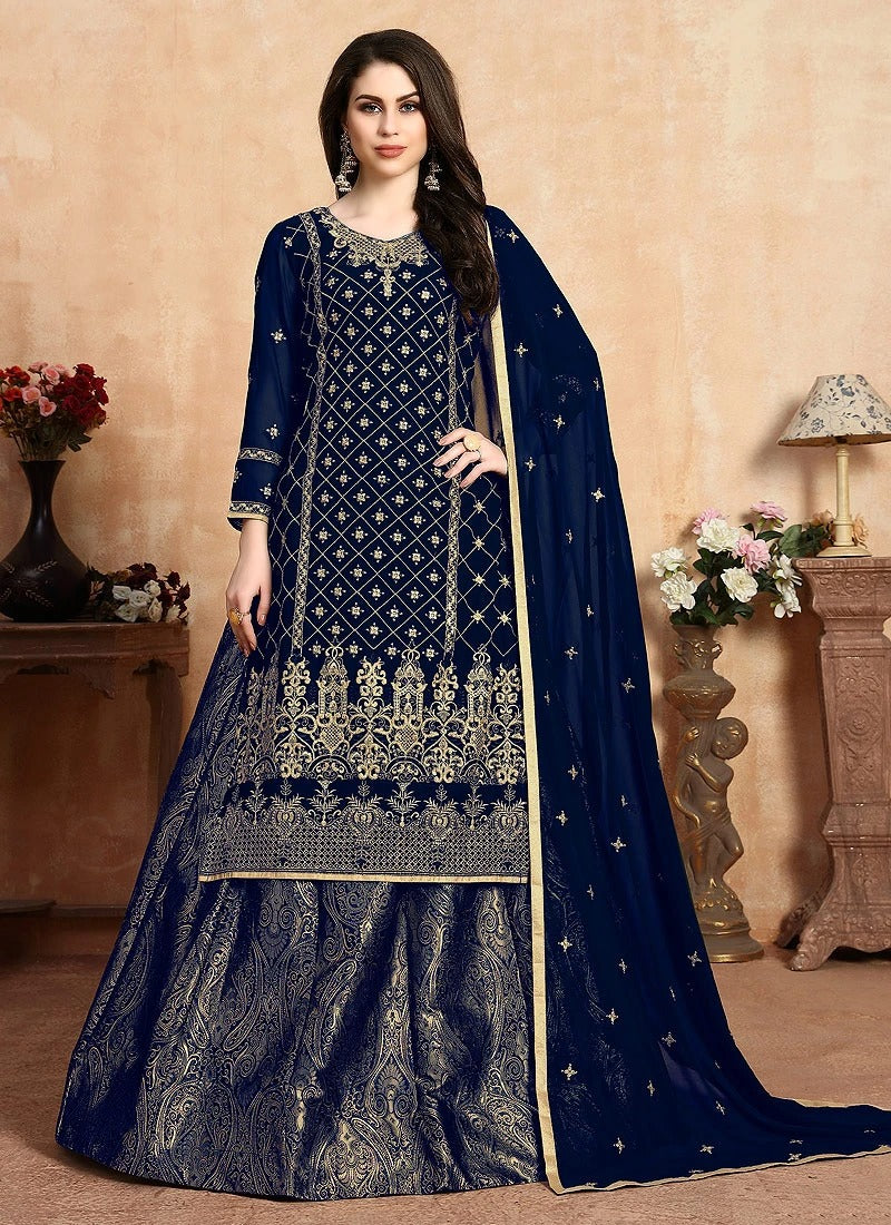 Magnificent Blue Suit - Embroidered Georgette Wedding Lehenga Suit