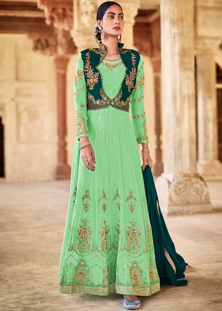 Buy Green Designer Embroidered Anarkali - Anarkali with Jacket