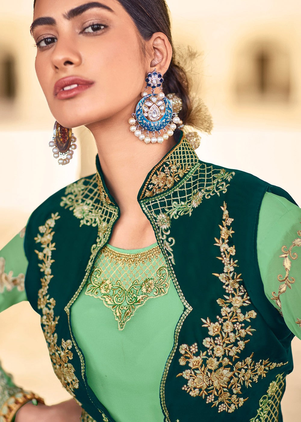Buy Green Designer Embroidered Anarkali - Anarkali with Jacket