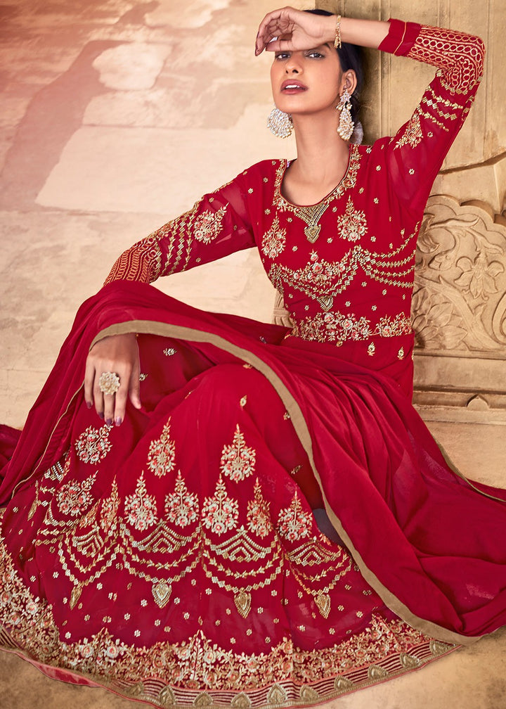 Buy Red Georgette Zari Embroidered Anarkali - Flared Anarkali Suit