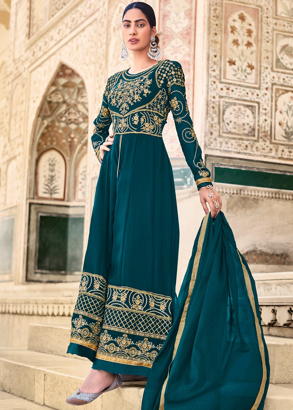 Buy Blue Front Slit Embroidered Anarkali - Designer Anarkali Suit