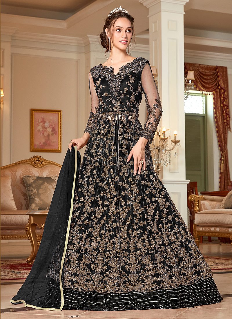 Enchanting Black Anarkali - Embroidered Net Lehenga Style Anarkali Suit