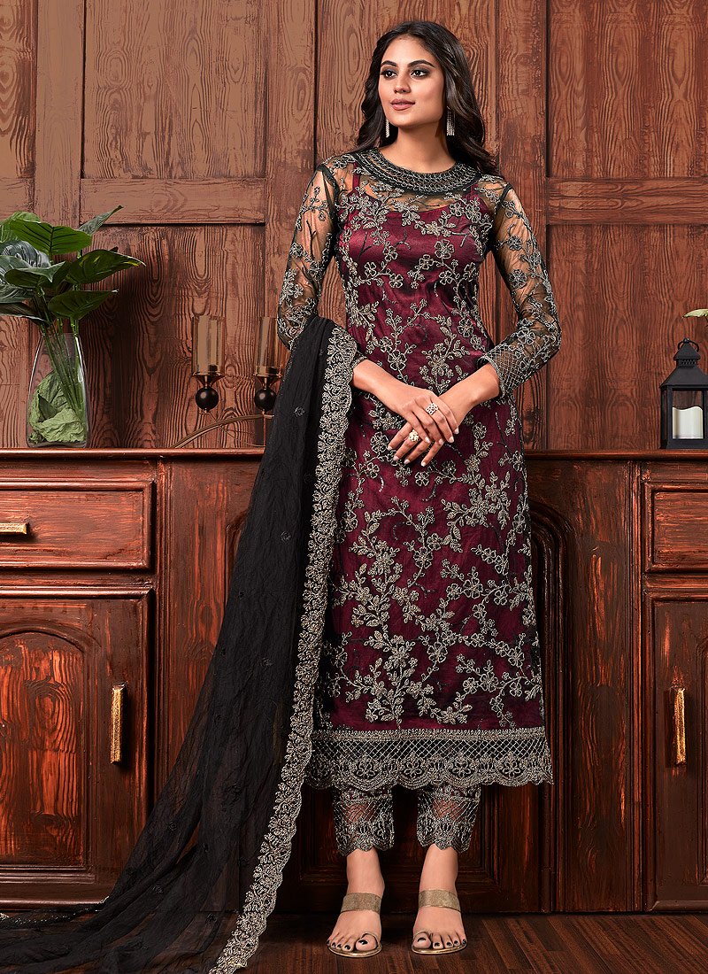 Dazzling Maroon Suit - Embroidered Straight Pant Salwar Suit