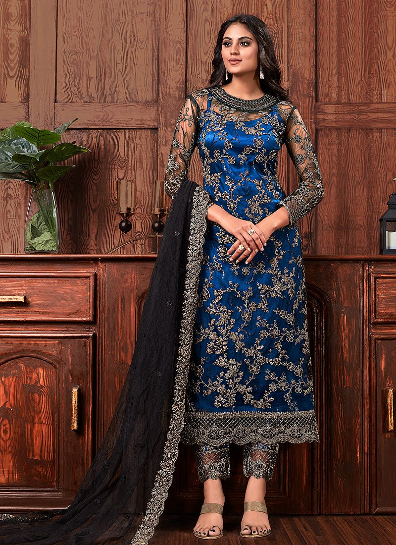 Stunning Blue Suit - Embroidered Straight Pant Salwar Suit
