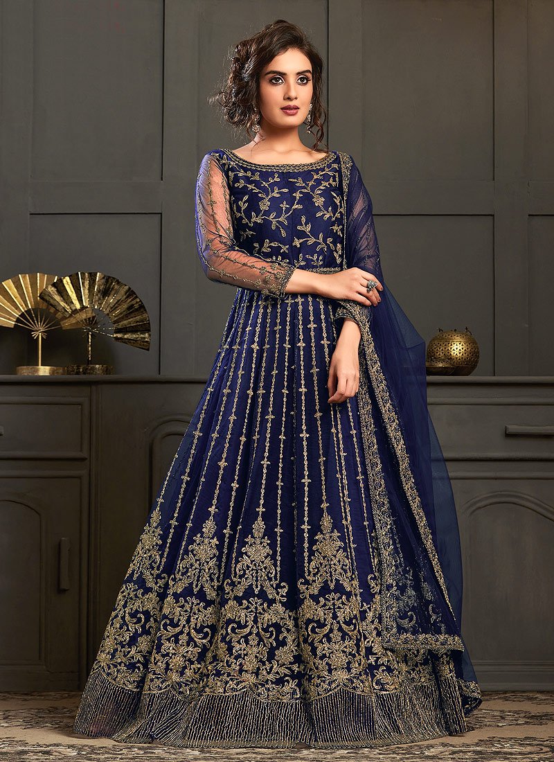 Splendid Blue Embroidered Net Designer Anarkali Gown