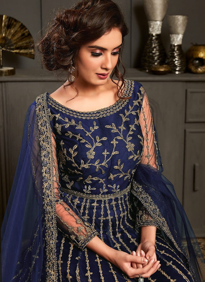 Splendid Blue Embroidered Net Designer Anarkali Gown