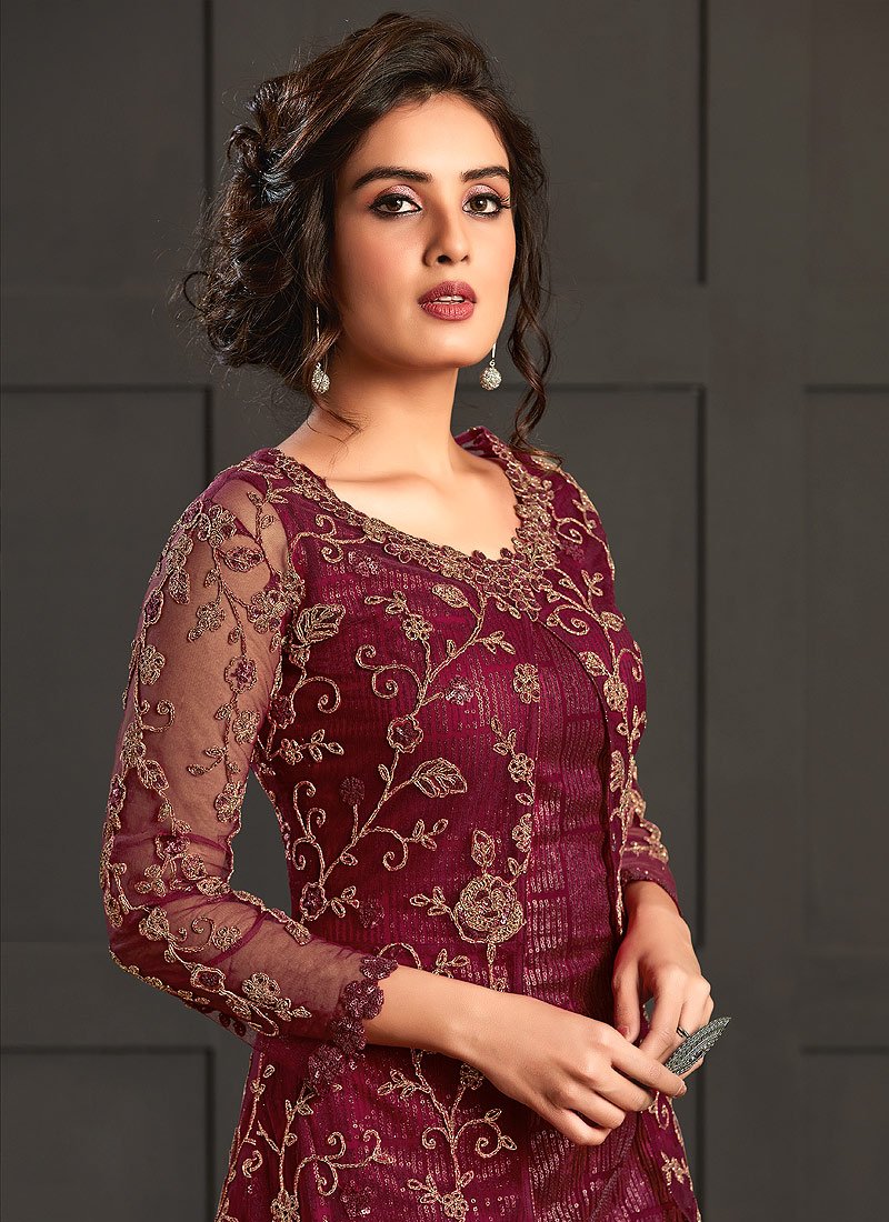Bewitching Maroon Embroidered Net Jacket Style Suit
