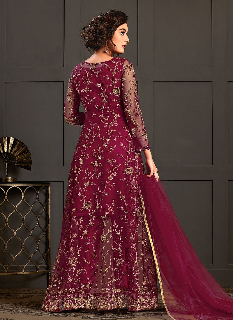 Bewitching Maroon Embroidered Net Jacket Style Suit