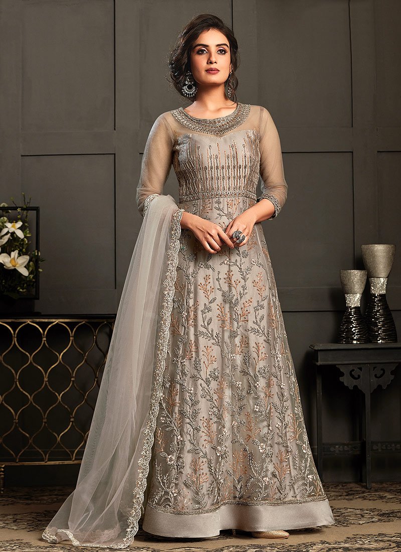 Pastel Grey Embroidered Net Designer Anarkali Gown