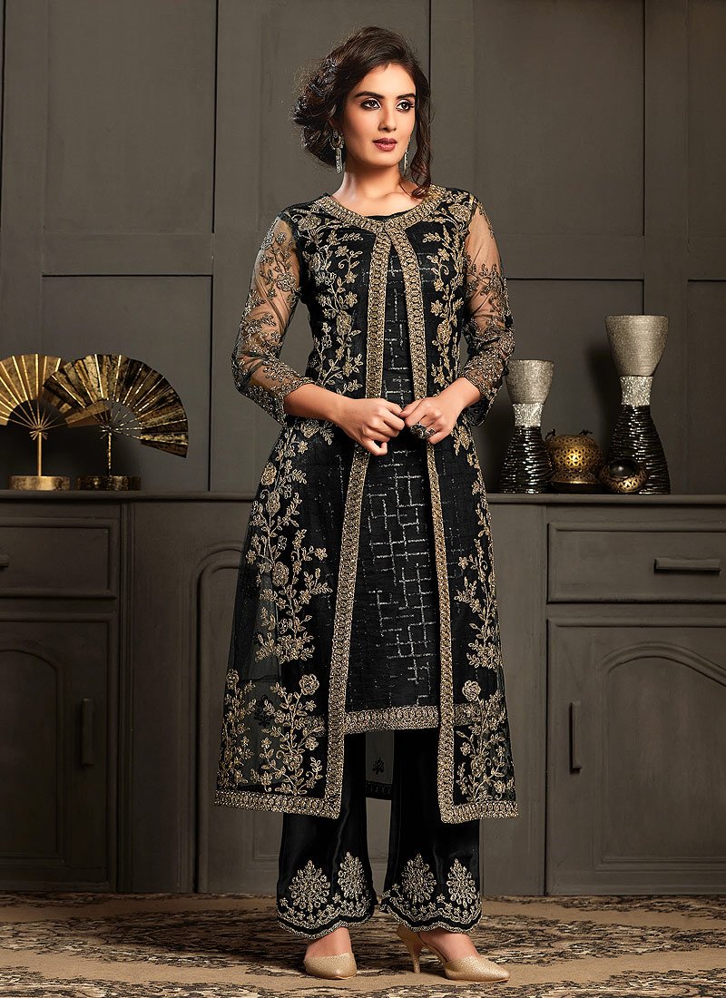 Delightful Black Embroidered Net Jacket Style Suit