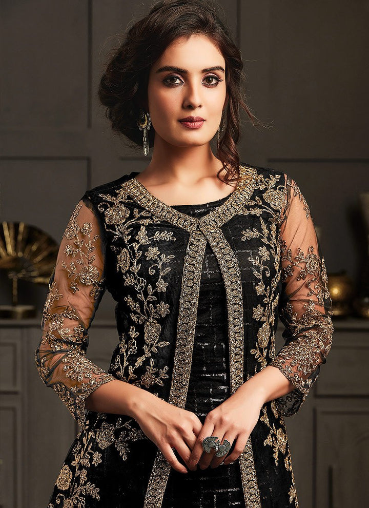 Delightful Black Embroidered Net Jacket Style Suit