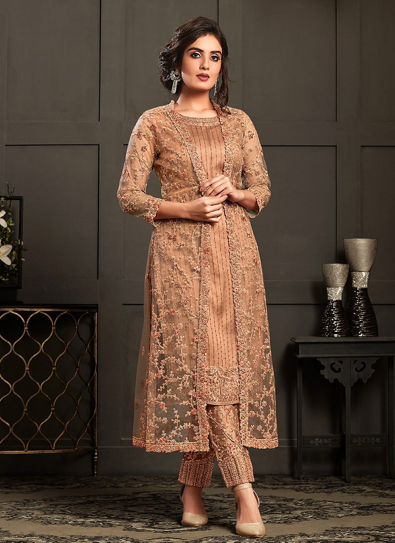 Urbane Peach Embroidered Net Jacket Style Suit