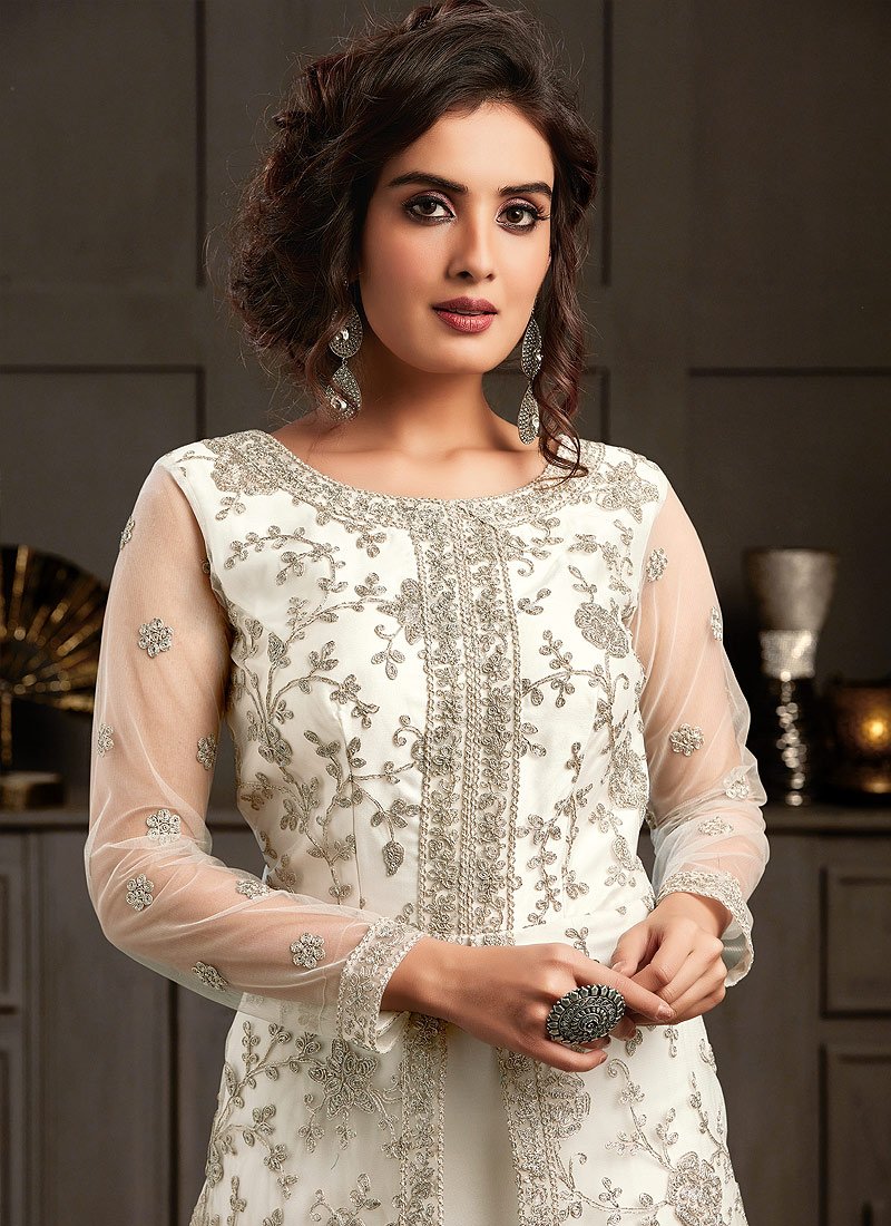 Gorgeous White Embroidered Net Designer Anarkali Gown