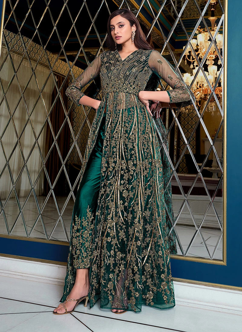 Green Lehenga Style Sequins Embroidered Anarkali Suit