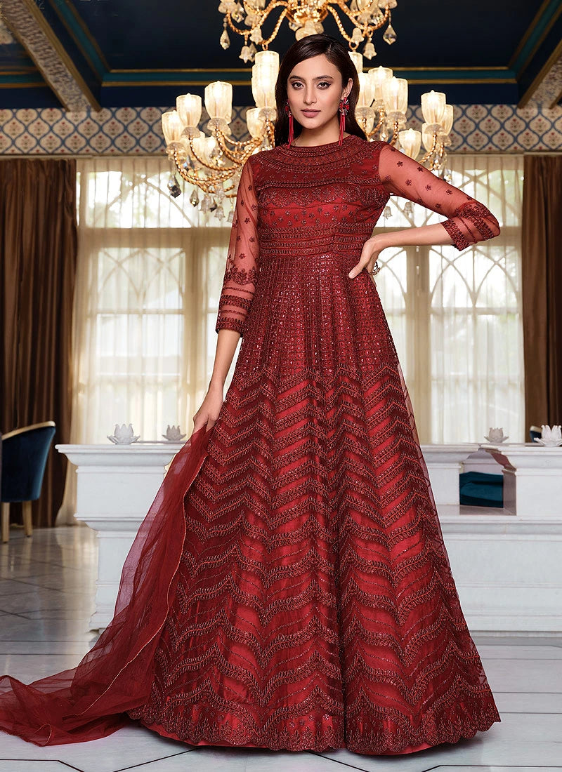 Red Sequins Anarkali - Buy Embroidered Floor Length Anarkali Suit
